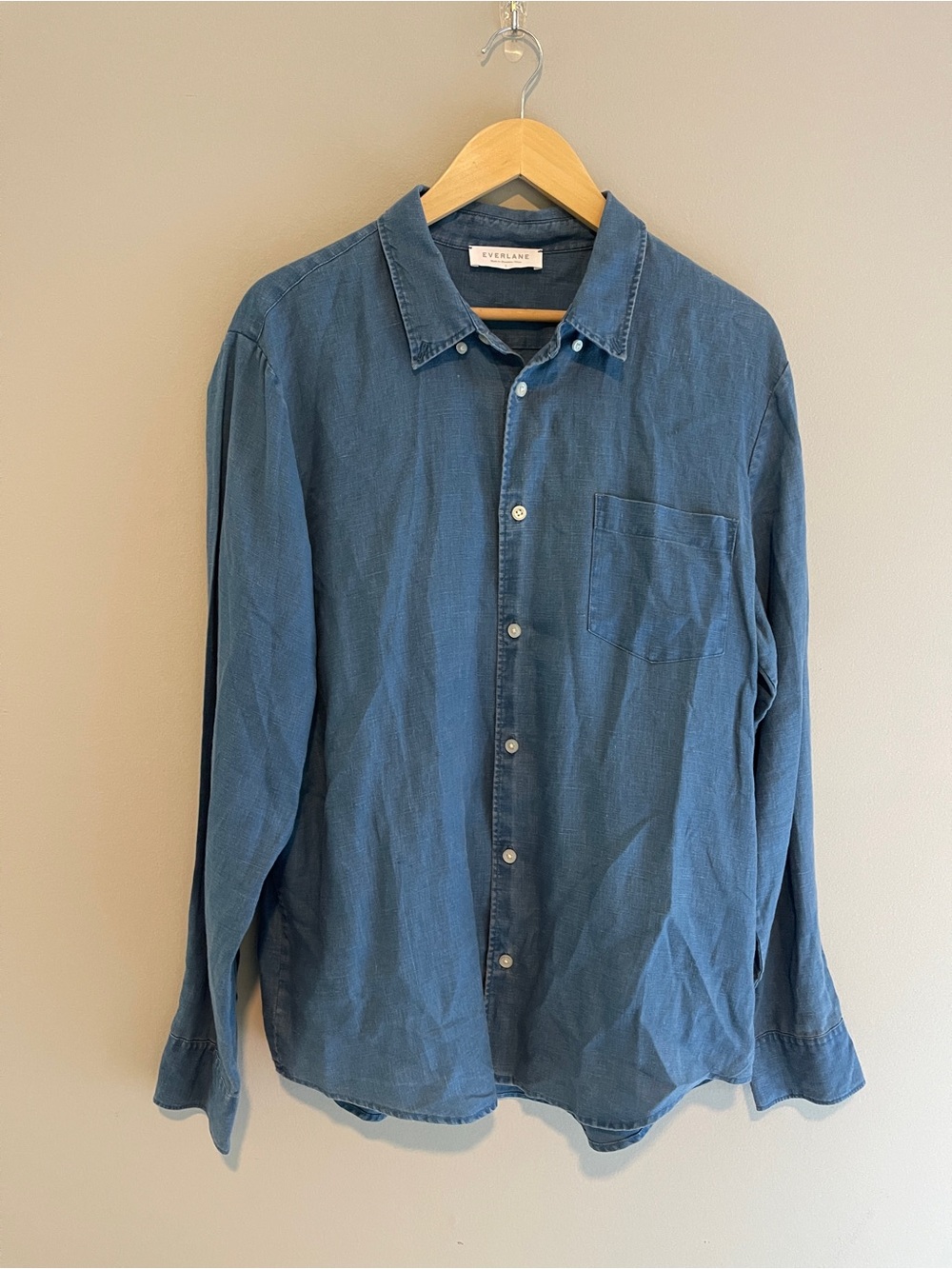 Everlane Blue 100% Linen Button Down Shirt Denim Look Top Size Large